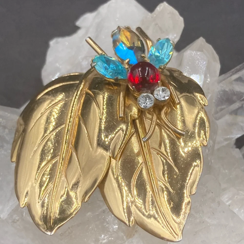 Vintage Coro Double Leaf and Rhinestone Bug Brooch